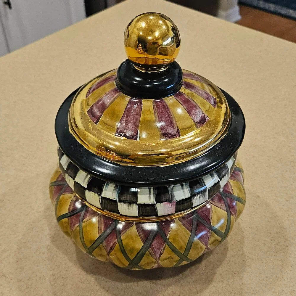 RARE MACKENZIE CHILDS ARGYLE PLAID AURORA CERAMIC GROOVY CANISTER JAR DISH